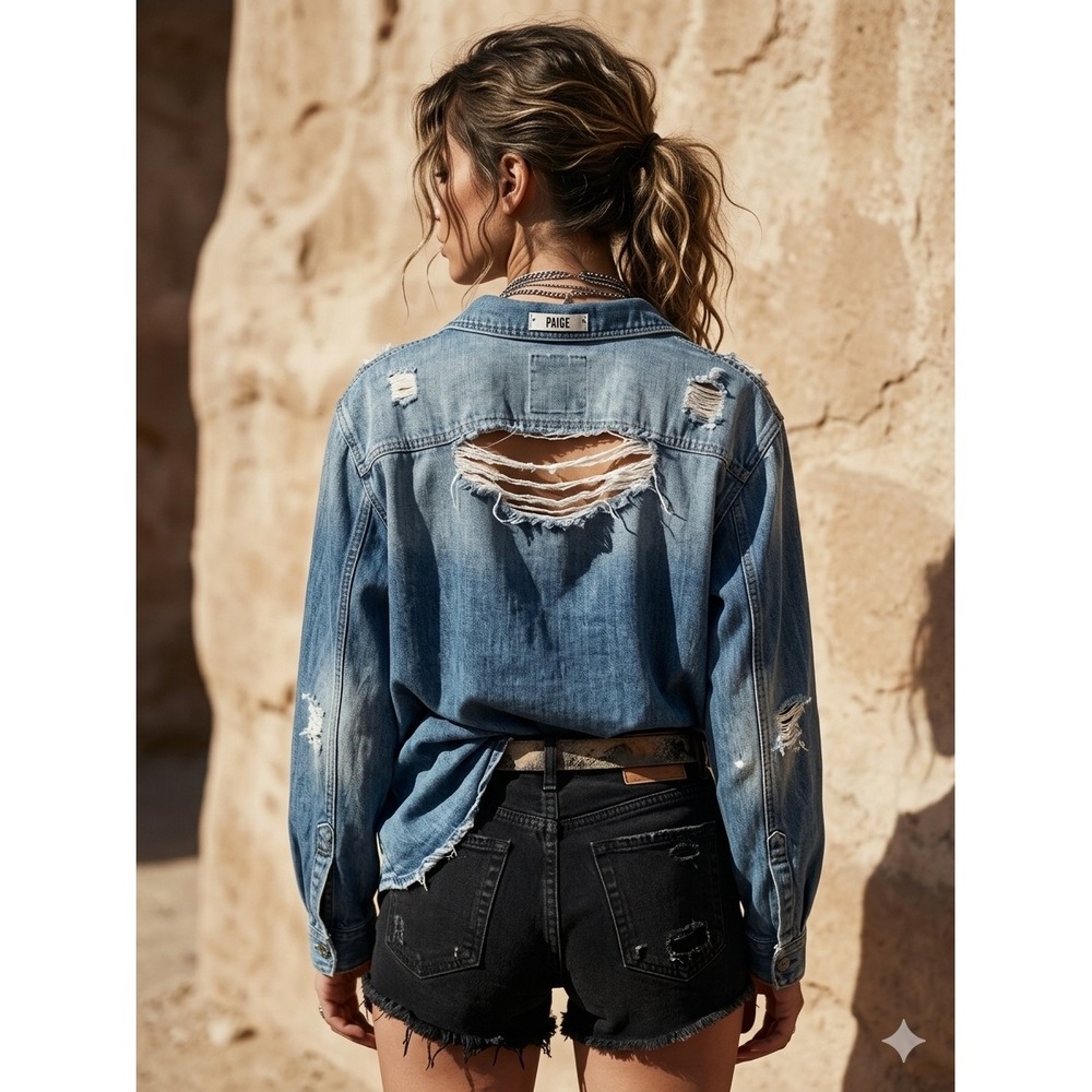 PAIGE Distressed‎ Denim Shirt Size M 100% Cotton Grunge Boho Western Womens